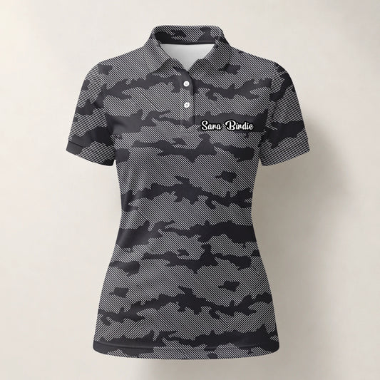 Personalised Grey Black Camo Golf Polo Shirt For Women R8701