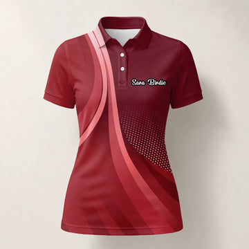 Personalised Burgundy Red Abstract Wave Golf Polo Shirt For Women B4612