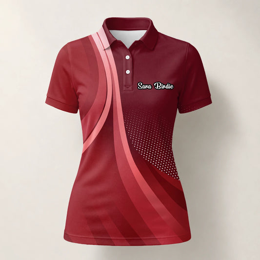 Personalised Burgundy Red Abstract Wave Golf Polo Shirt For Women B4612