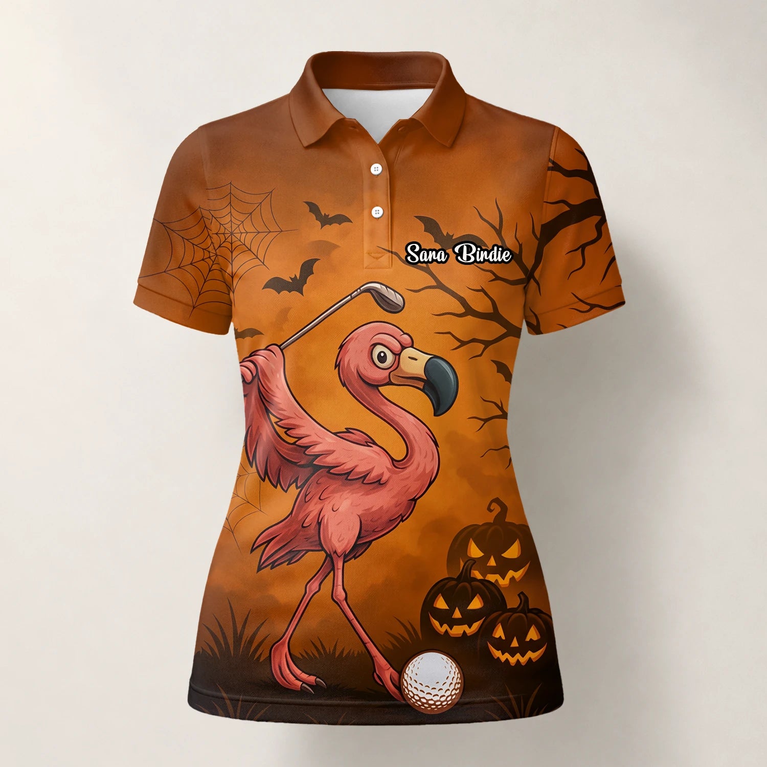 Personalised Orange Halloween Flamingo Golfer Pumpkin Golf Polo Shirt For Women V7072