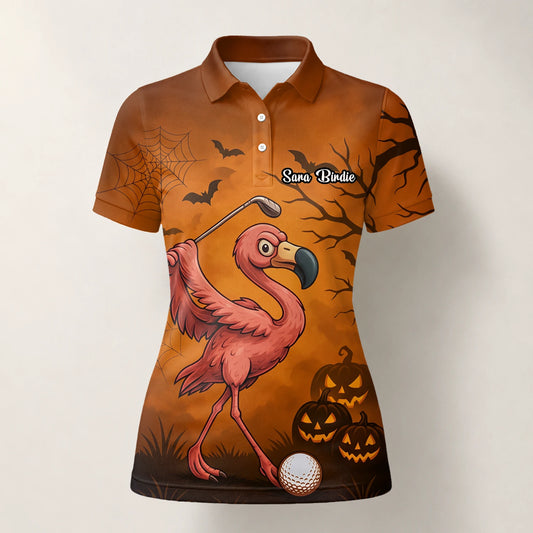 Personalised Orange Halloween Flamingo Golfer Pumpkin Golf Polo Shirt For Women V7072
