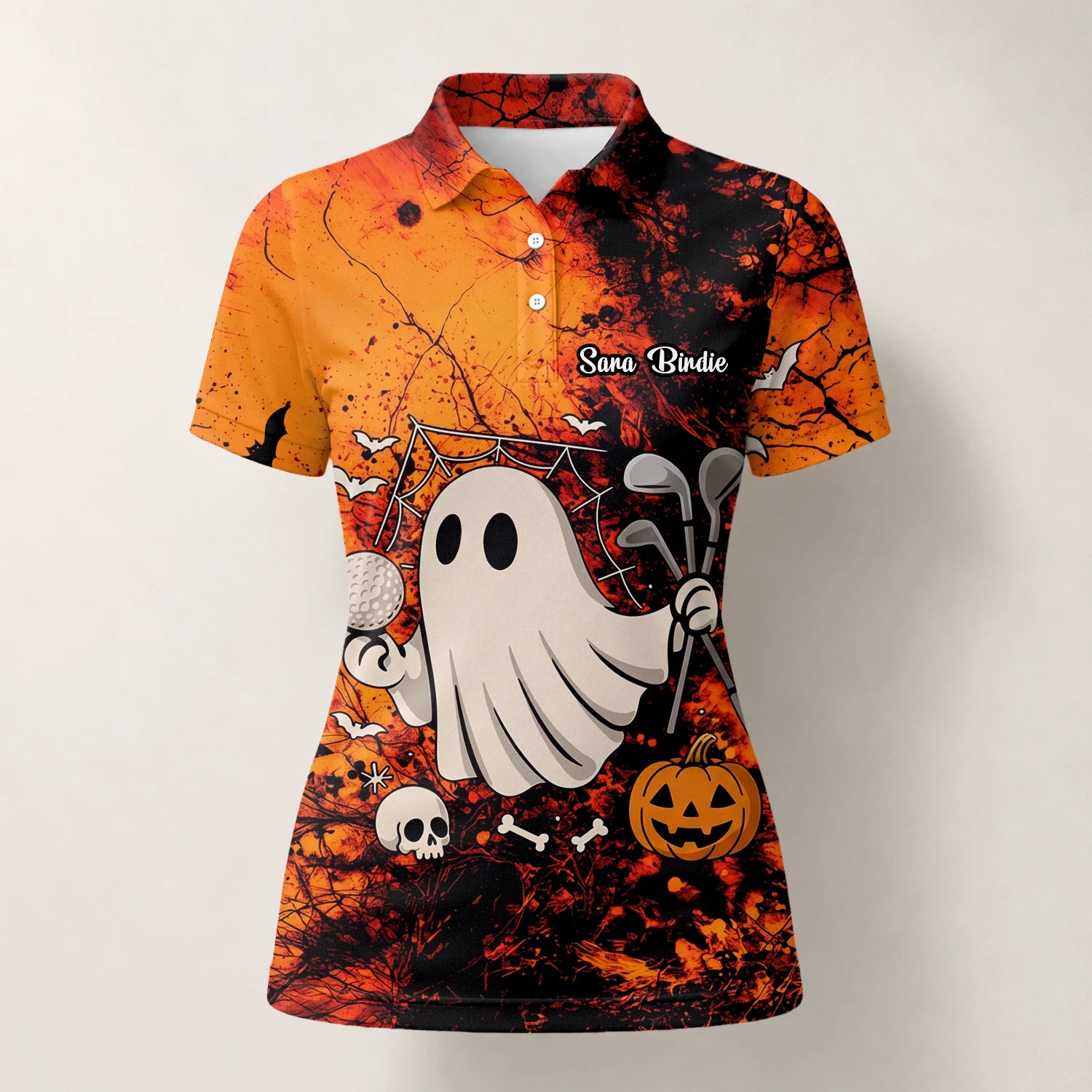 Personalised Orange Halloween Ghost Golfer Golf Polo Shirt For Women M0695