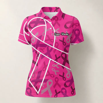 Personalised Pink Breast Cancer Awareness Ribbon Golf Polo Shirt For Women O4093