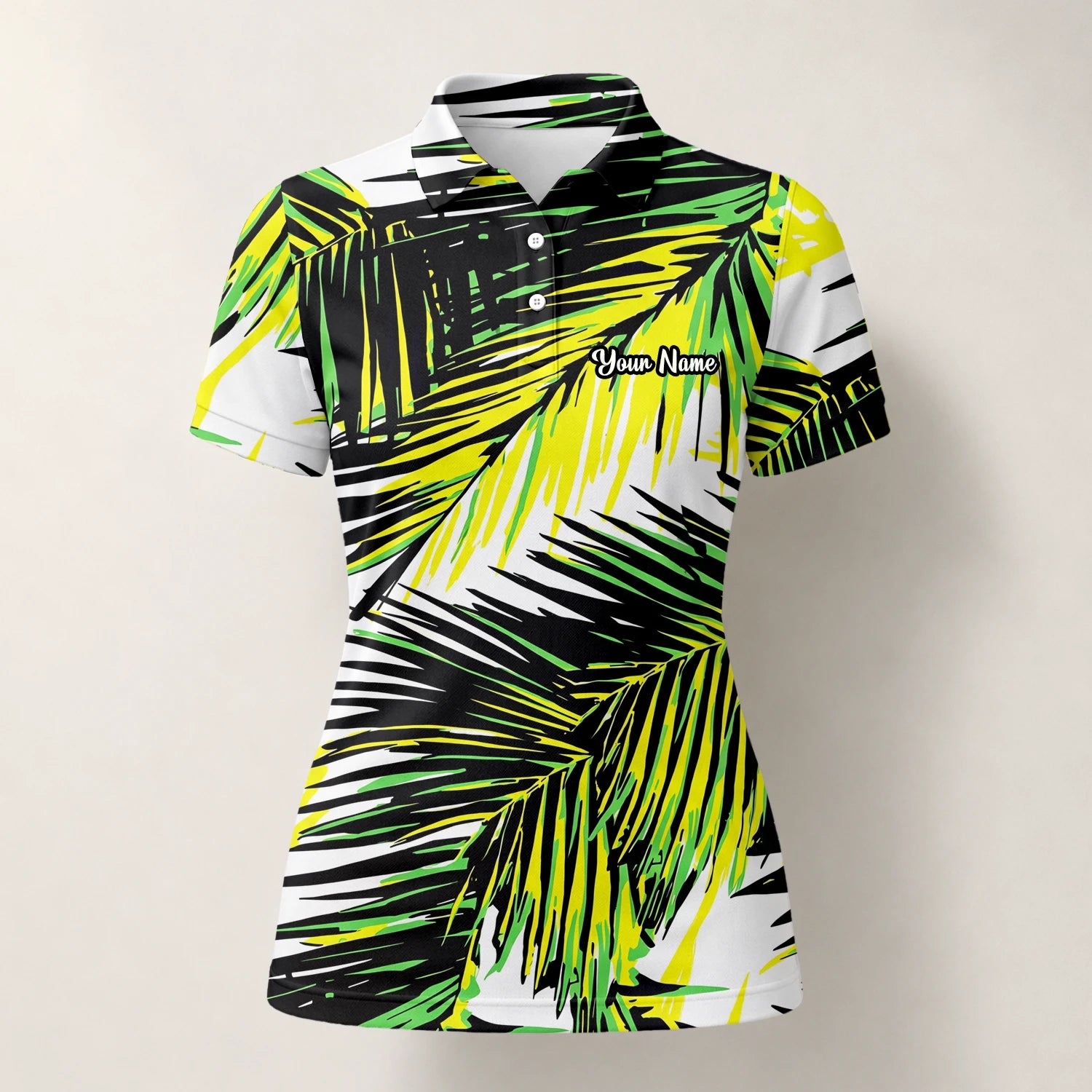 Personalised Black Lime Tropical Palm Leaf Golf Polo Shirt For Women R3070