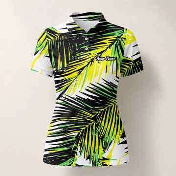 Personalised Black Lime Tropical Palm Leaf Golf Polo Shirt For Women R3070