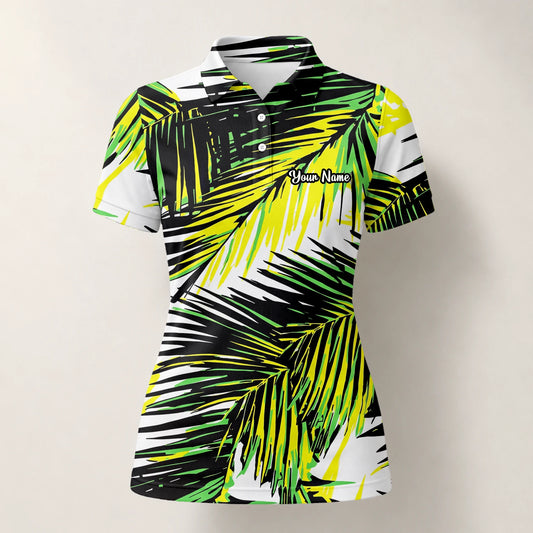 Personalised Black Lime Tropical Palm Leaf Golf Polo Shirt For Women R3070