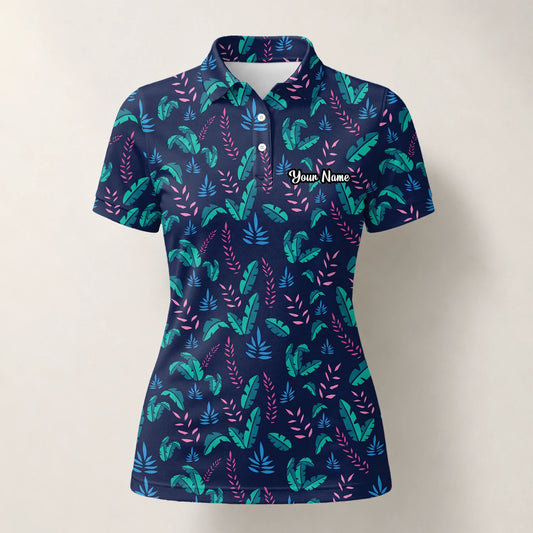 Personalised Navy Teal Tropical Leaf Golf Polo Shirt For Women S8145