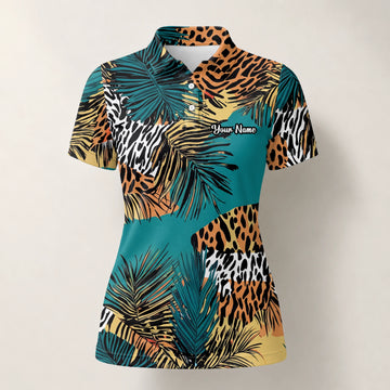 Personalised Teal Orange Tropical Palm Animal Print Golf Polo Shirt For Women A7122