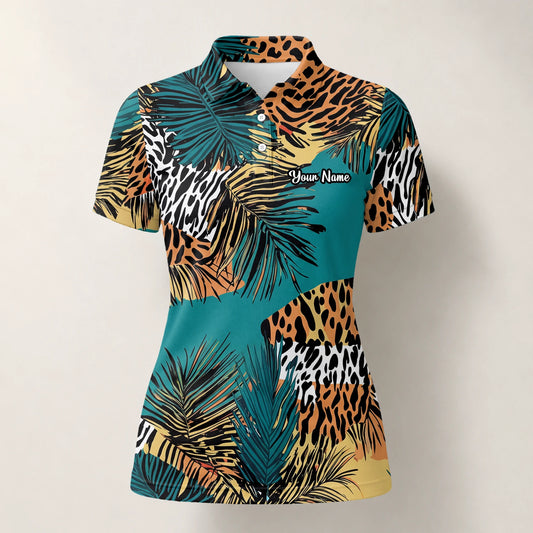 Personalised Teal Orange Tropical Palm Animal Print Golf Polo Shirt For Women A7122