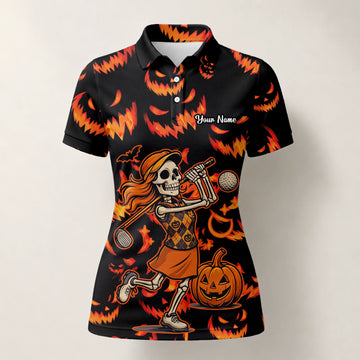 Personalised Black Orange Halloween Skeleton Golfer Pumpkin Golf Polo Shirt For Women N7108
