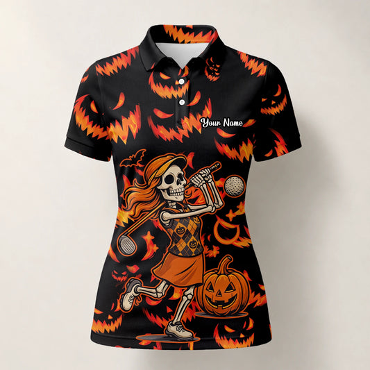 Personalised Black Orange Halloween Skeleton Golfer Pumpkin Golf Polo Shirt For Women N7108