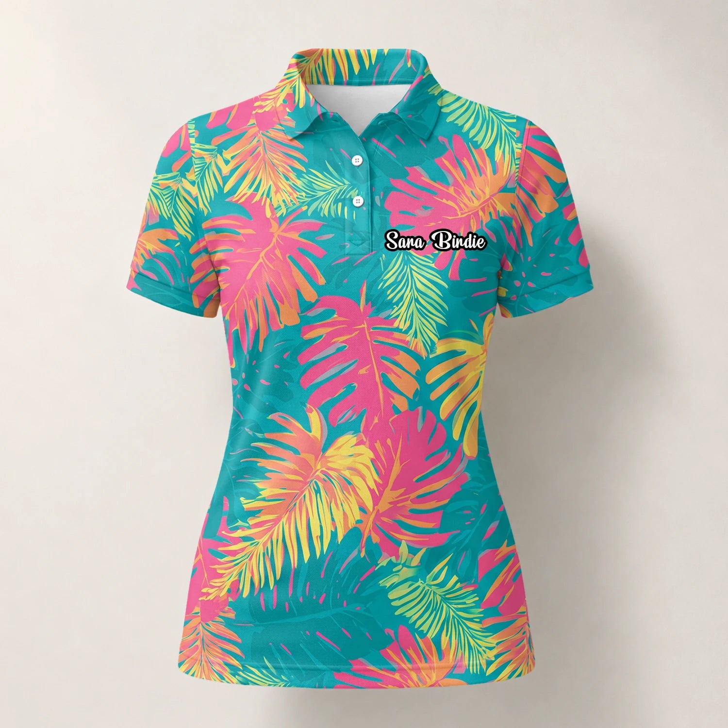 Personalised Teal Coral Tropical Leaf Golf Polo Shirt For Women H8937