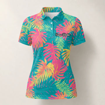 Personalised Teal Coral Tropical Leaf Golf Polo Shirt For Women H8937
