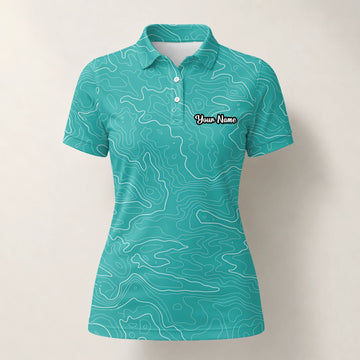 Personalised Teal Topographic Contour Line Golf Polo Shirt For Women U3552