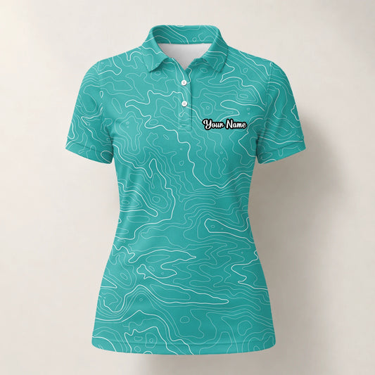 Personalised Teal Topographic Contour Line Golf Polo Shirt For Women U3552