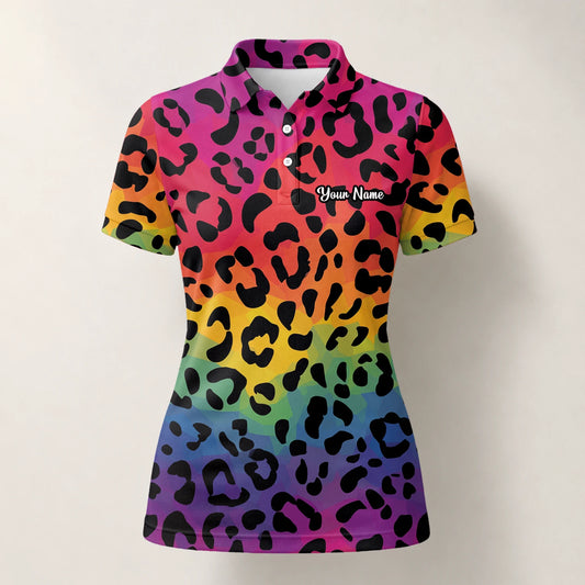 Personalised Rainbow Leopard Print Golf Polo Shirt For Women X1632