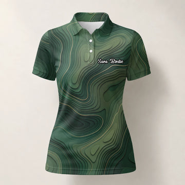 Personalised Green Topographic Contour Line Golf Polo Shirt For Women H2497