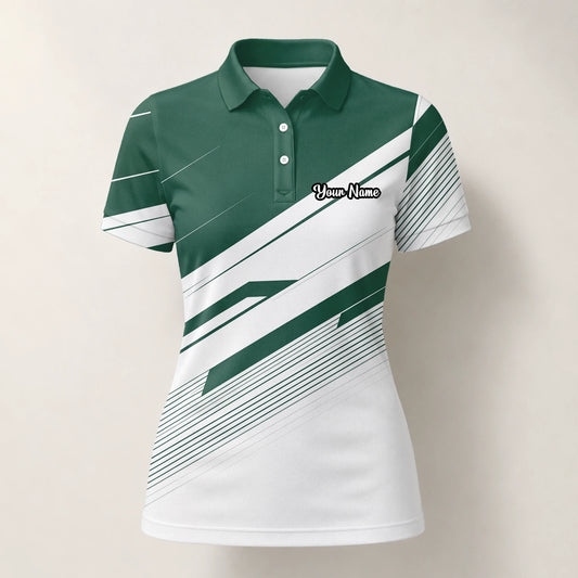 Personalised Green White Abstract Stripe Golf Polo Shirt For Women E5041