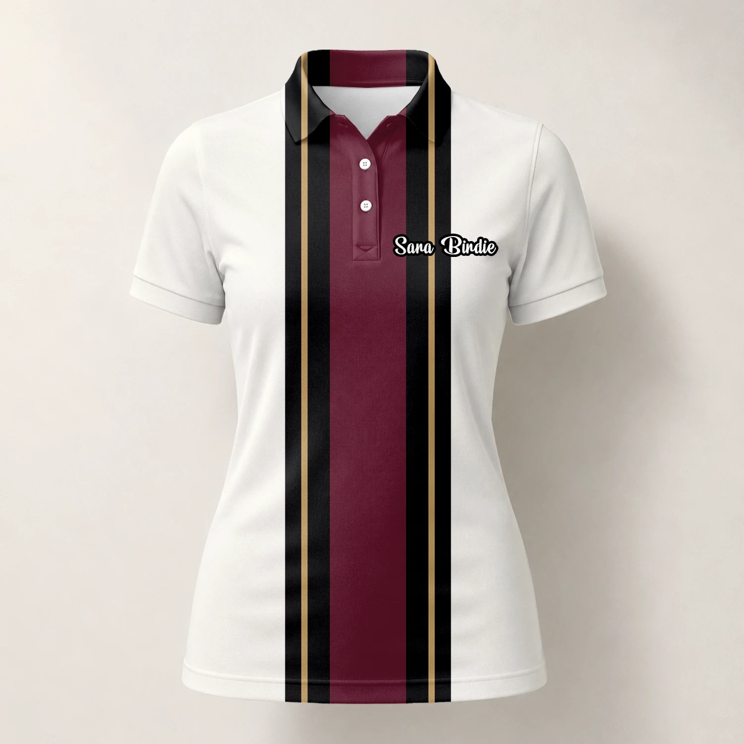 Personalised White Burgundy Black Racing Stripe Golf Polo Shirt For Women G7028