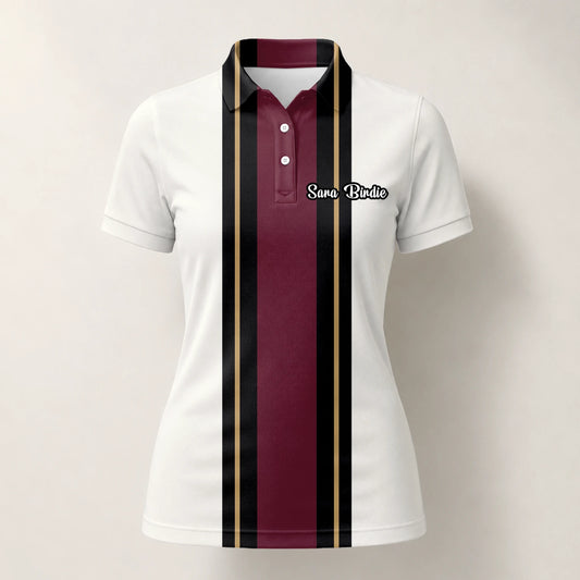 Personalised White Burgundy Black Racing Stripe Golf Polo Shirt For Women G7028
