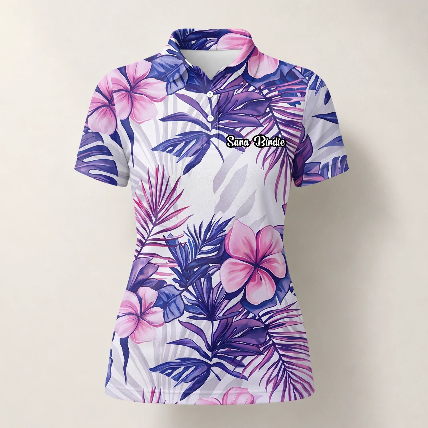 Personalised White Purple Tropical Hibiscus Leaf Golf Polo Shirt For Women H1054