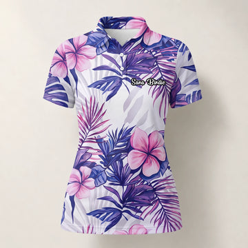 Personalised White Purple Tropical Hibiscus Leaf Golf Polo Shirt For Women H1054