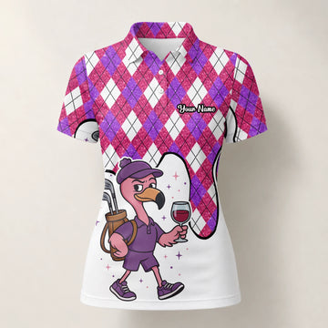 Personalised Pink Purple Argyle Ostrich Golfer Cartoon Golf Polo Shirt For Women D7000
