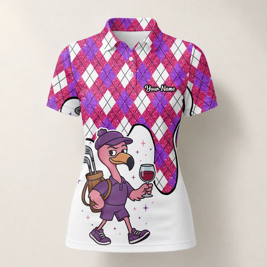 Personalised Pink Purple Argyle Ostrich Golfer Cartoon Golf Polo Shirt For Women D7000