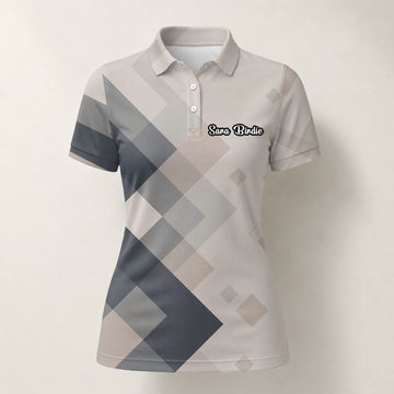 Personalised Beige Grey Argyle Golf Polo Shirt For Women Z6499
