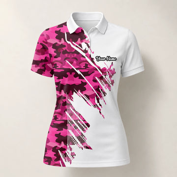 Personalised White Pink Camo Brush Stroke Golf Polo Shirt For Women S6501