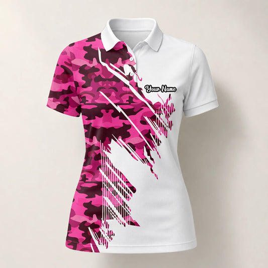 Personalised White Pink Camo Brush Stroke Golf Polo Shirt For Women S6501