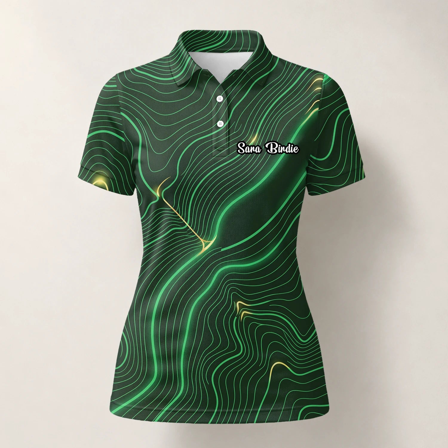 Personalised Green Black Topographic Line Golf Polo Shirt For Women E4992