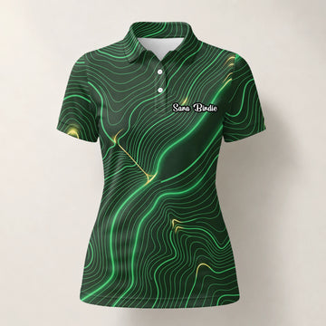 Personalised Green Black Topographic Line Golf Polo Shirt For Women E4992