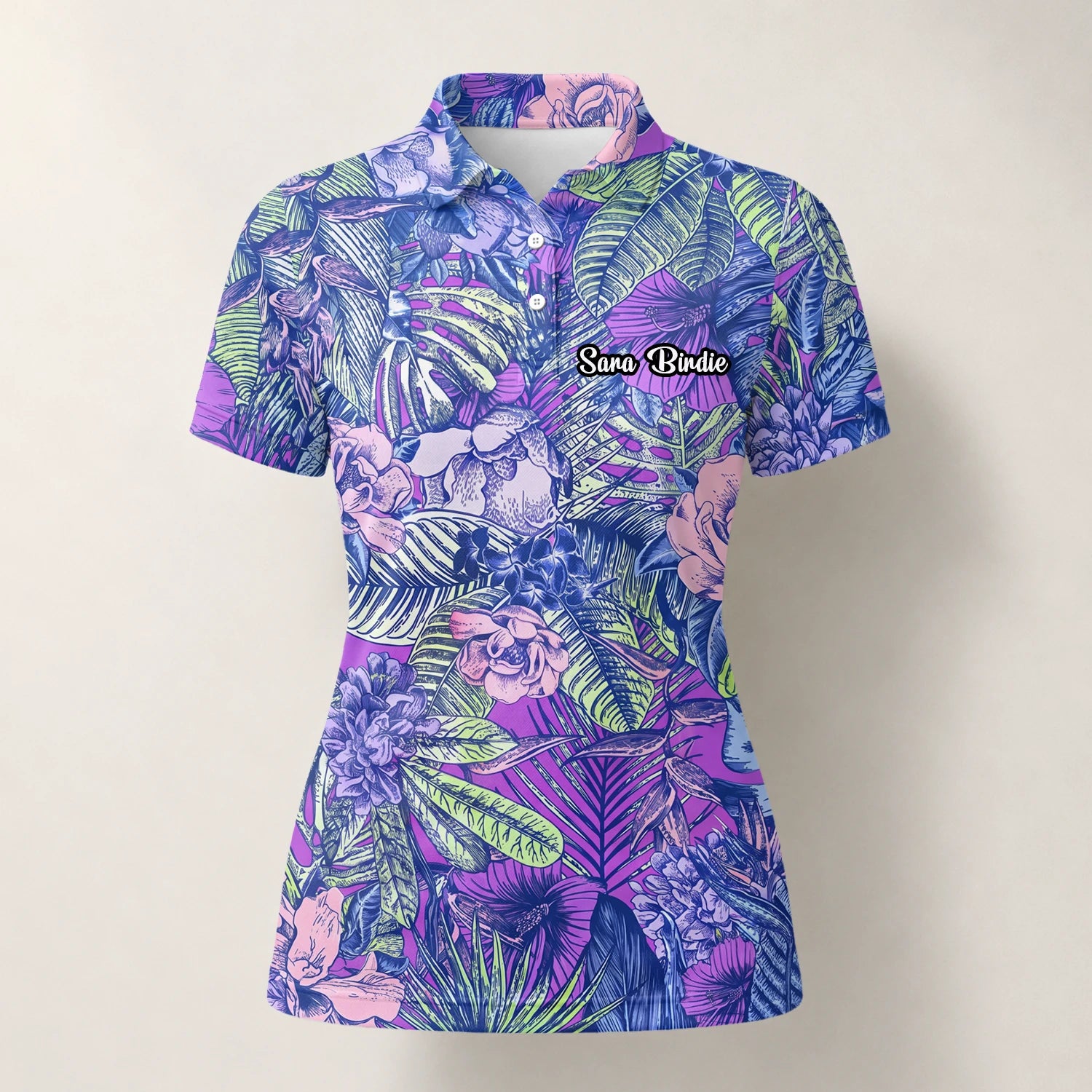 Personalised Purple Blue Tropical Floral Leaf Golf Polo Shirt For Women B8037
