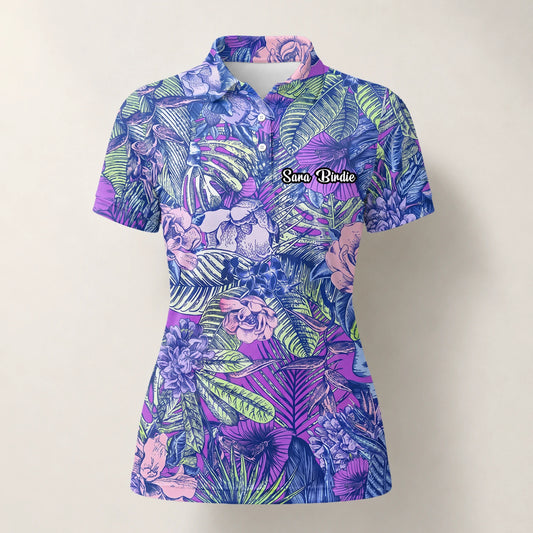 Personalised Purple Blue Tropical Floral Leaf Golf Polo Shirt For Women B8037
