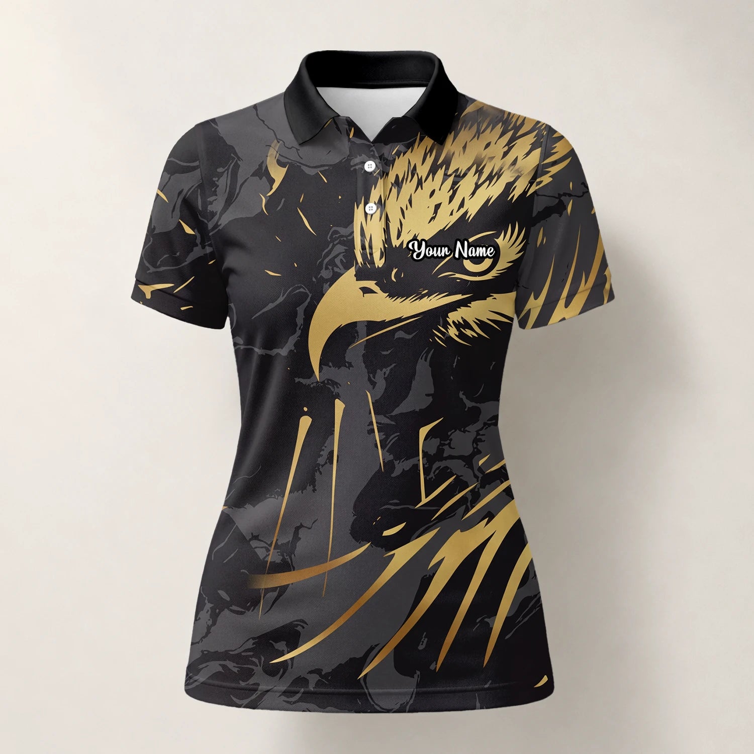 Personalised Black Gold Eagle Feather Golf Polo Shirt For Women F0802