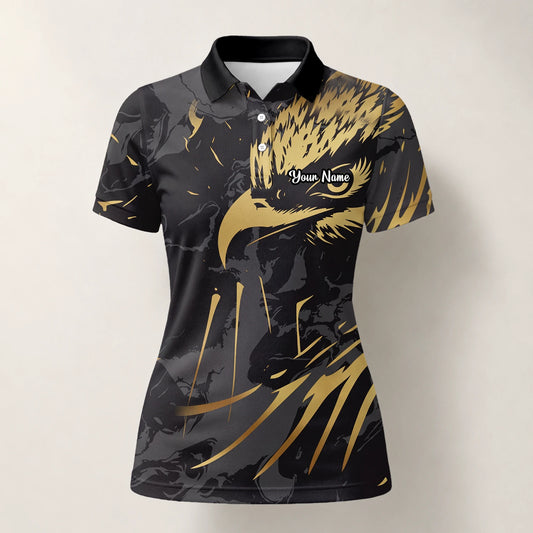 Personalised Black Gold Eagle Feather Golf Polo Shirt For Women F0802