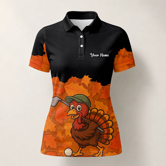 Personalised Black Orange Thanksgiving Turkey Golfer Golf Polo Shirt For Women W0964