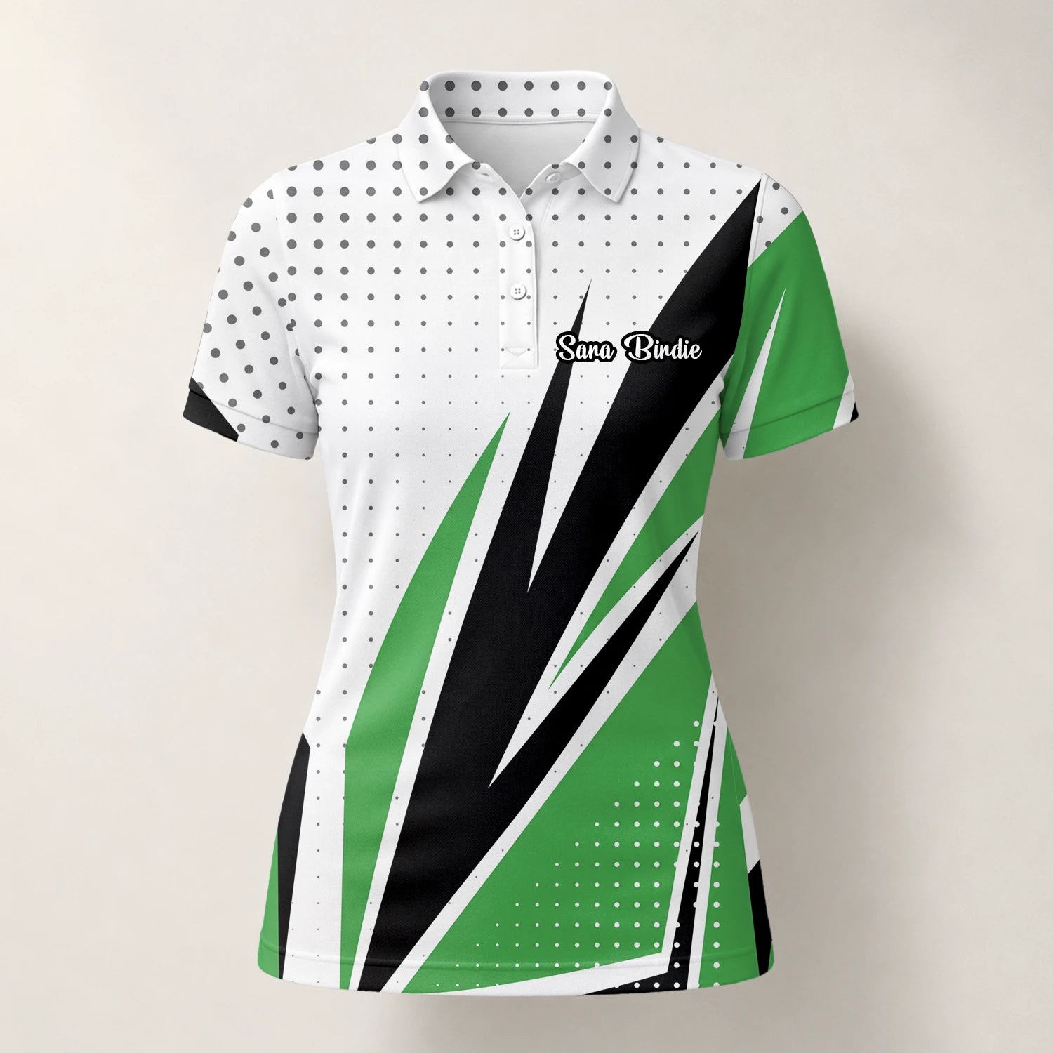 Personalised White Green Black Abstract Stripe Golf Polo Shirt For Women C9494