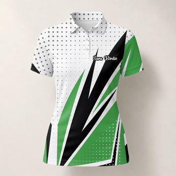 Personalised White Green Black Abstract Stripe Golf Polo Shirt For Women C9494