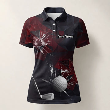 Personalised Black Burgundy Shattered Glass Golf Ball Golf Polo Shirt For Women R4354