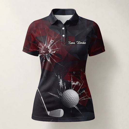 Personalised Black Burgundy Shattered Glass Golf Ball Golf Polo Shirt For Women R4354
