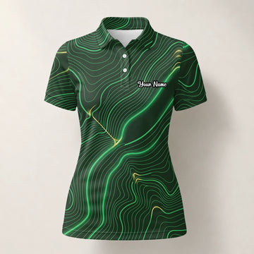 Personalised Green Black Topographic Line Golf Polo Shirt For Women E4992