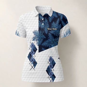 Personalised White Navy Tropical Leaf Argyle Golf Polo Shirt For Women D6549