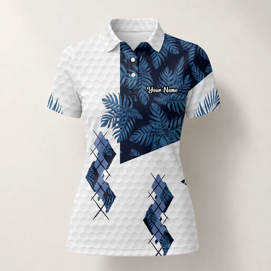 Personalised White Navy Tropical Leaf Argyle Golf Polo Shirt For Women D6549
