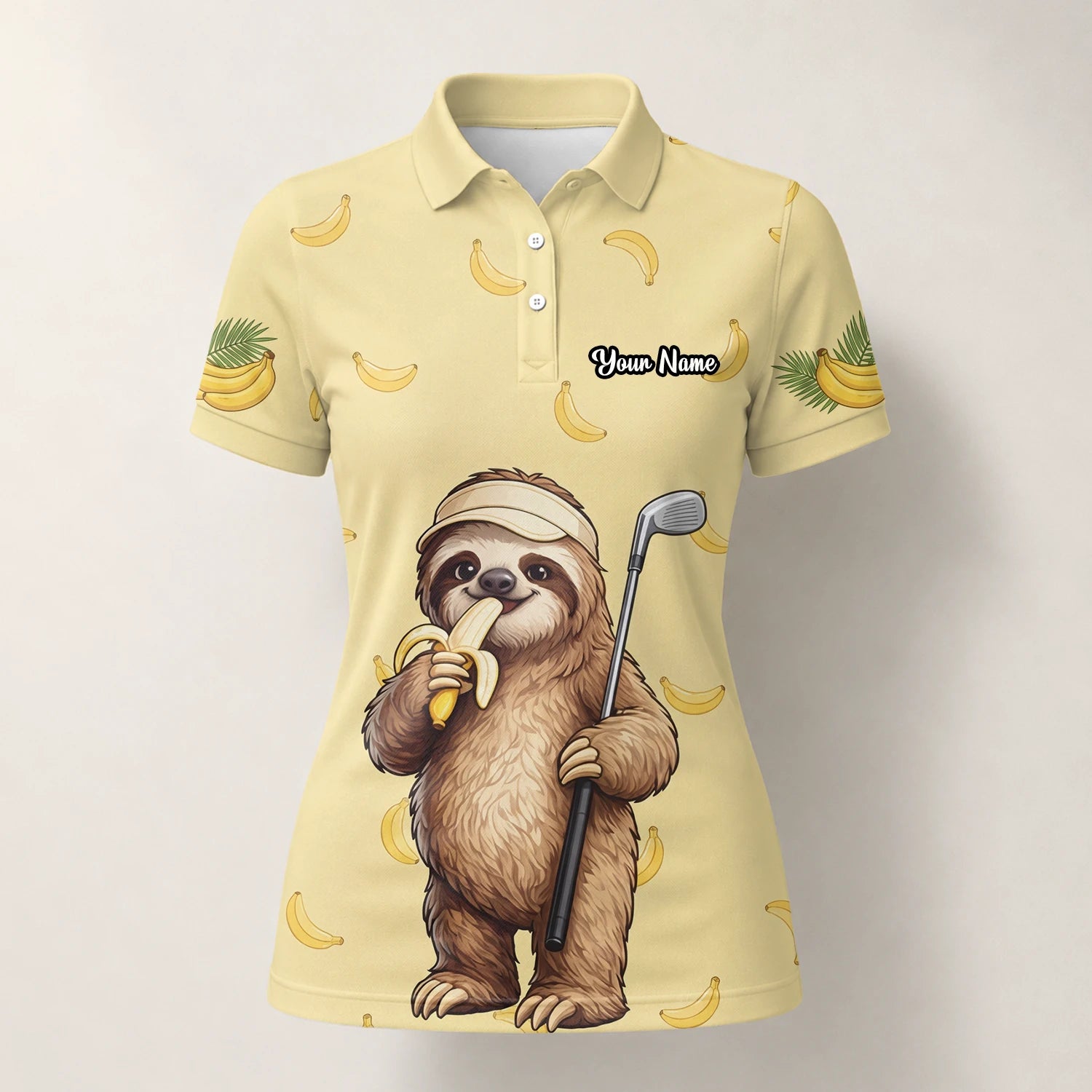 Personalised Pale Yellow Sloth Banana Golfer Cartoon Golf Polo Shirt For Women G3327