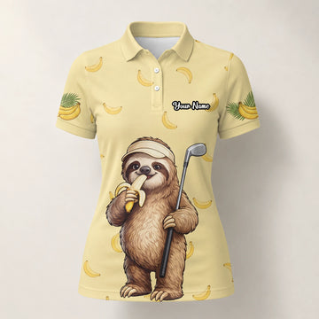 Personalised Pale Yellow Sloth Banana Golfer Cartoon Golf Polo Shirt For Women G3327