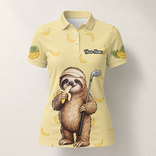 Personalised Pale Yellow Sloth Banana Golfer Cartoon Golf Polo Shirt For Women G3327