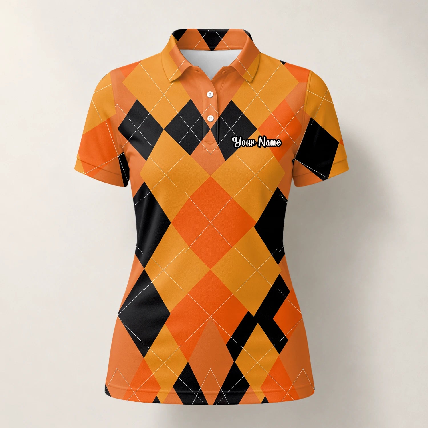 Personalised Orange Black Argyle Diamond Golf Polo Shirt For Women C4203