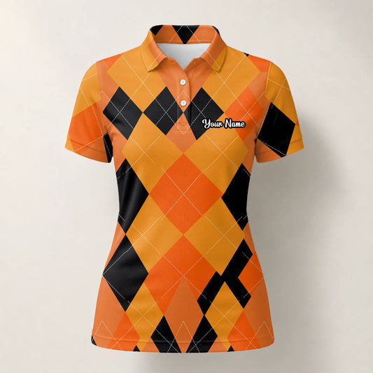 Personalised Orange Black Argyle Diamond Golf Polo Shirt For Women C4203